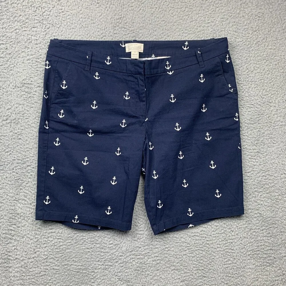 J.Crew Shorts Womens 16 Blue Anchor Print Bermuda Twill Nautical Coastal